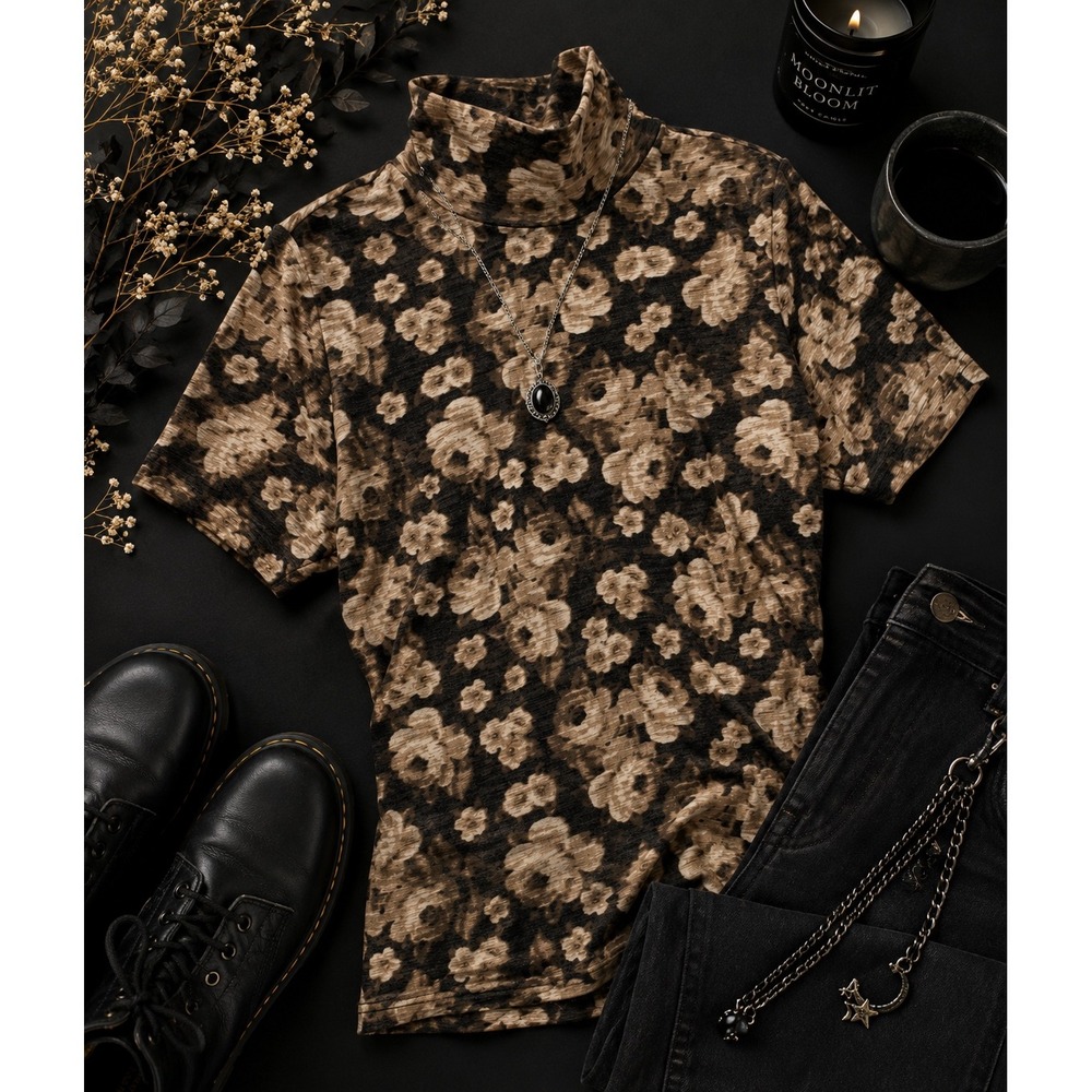 Studio Works Women's L Floral Mock Neck Top Brown Black Short Sleeve whimsigoth
